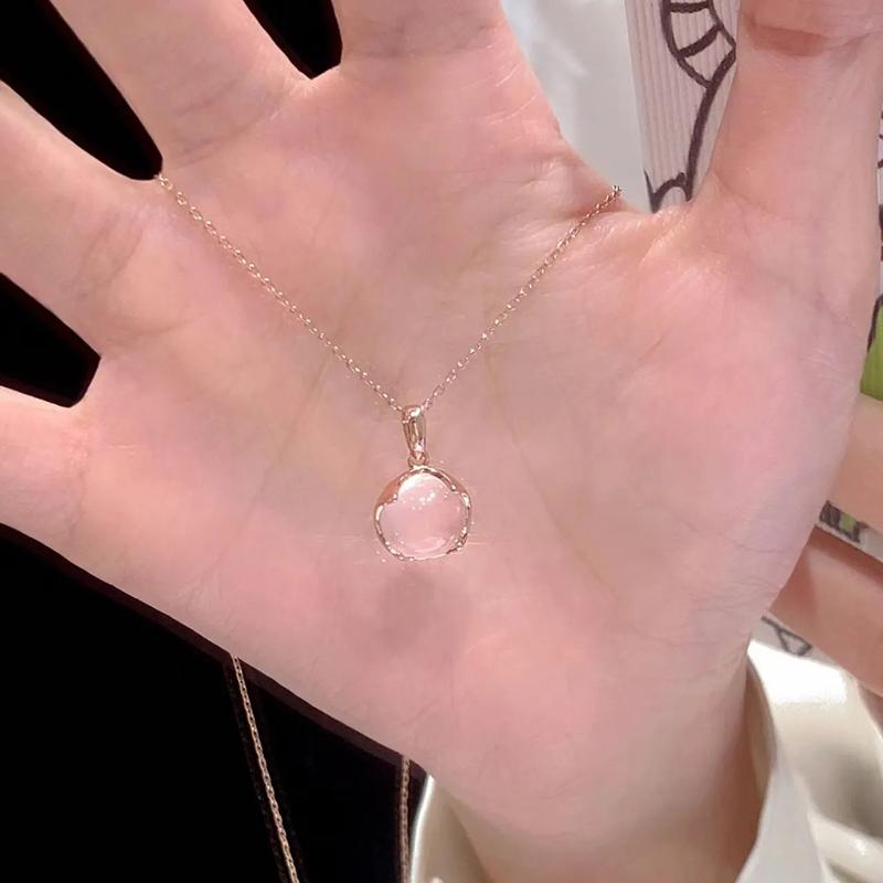 Pink White Chalcedony Round Pendant Necklace, Elegant Gemstone Jewelry For Women Fashion Daily Wear Gift