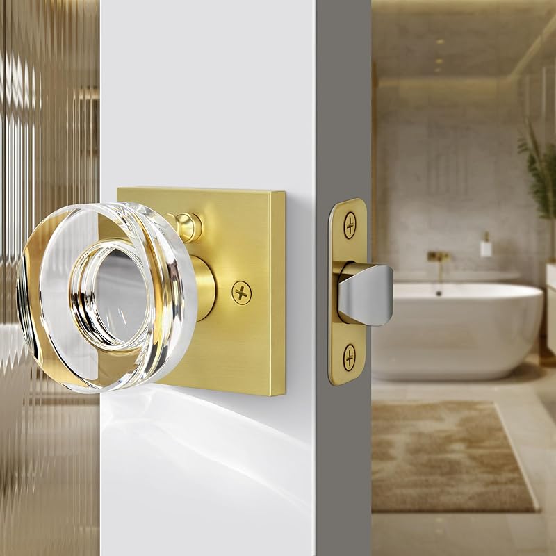 Privacy Crystal Door Knob, Gold Vintage Crystal Door Knob with Privacy Lock, Glass Doorknob Interior for Bathroom, Bedroom, Satin Brass