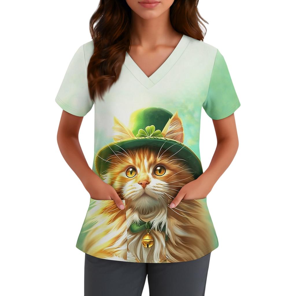 Women's Cute Bow Printed Work Clothes V-neck Double Layer Pockets Basic Short Sleeve Top Pullover