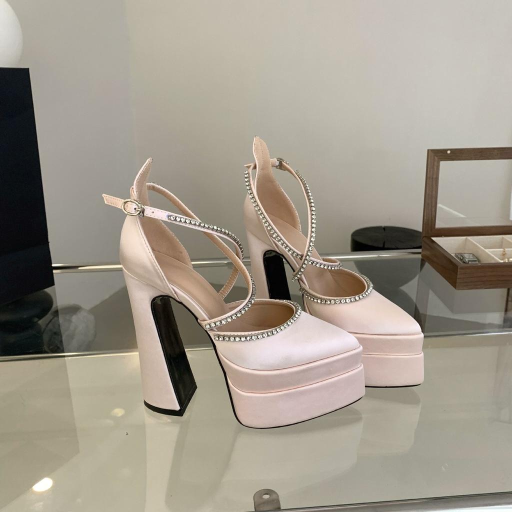 Fashion 15cm Spring and Summer 2025 New Fashion Platform Thick Heels Hate Sky High Pointed Satin High Heels Show Women's Single Shoes