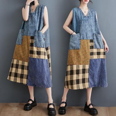 DIMANAF 2026 Nuovo Abito Lungo Estivo Vintage da Donna Taglie Forti Gilet Senza Maniche Denim a Quadri Oversize Largo Abito da Sole Spliced Abbigliamento