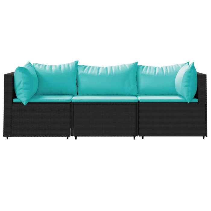 VidaXL Salon de jardin 3 pcs avec coussins Noir Résine tressée, ensemble de salon d'extérieur, ensemble de mobilier 319798