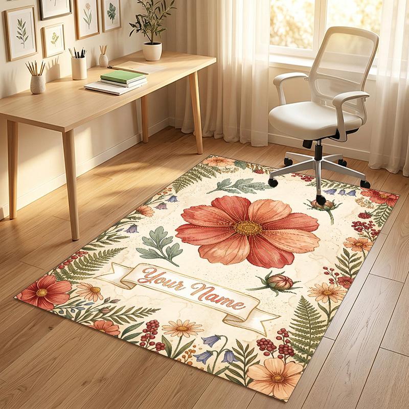 Floral Art Theme Soft Crystal Velvet Rug Custom Name & Text Print Non Slip Floor Rug for Bedroom Living Room
