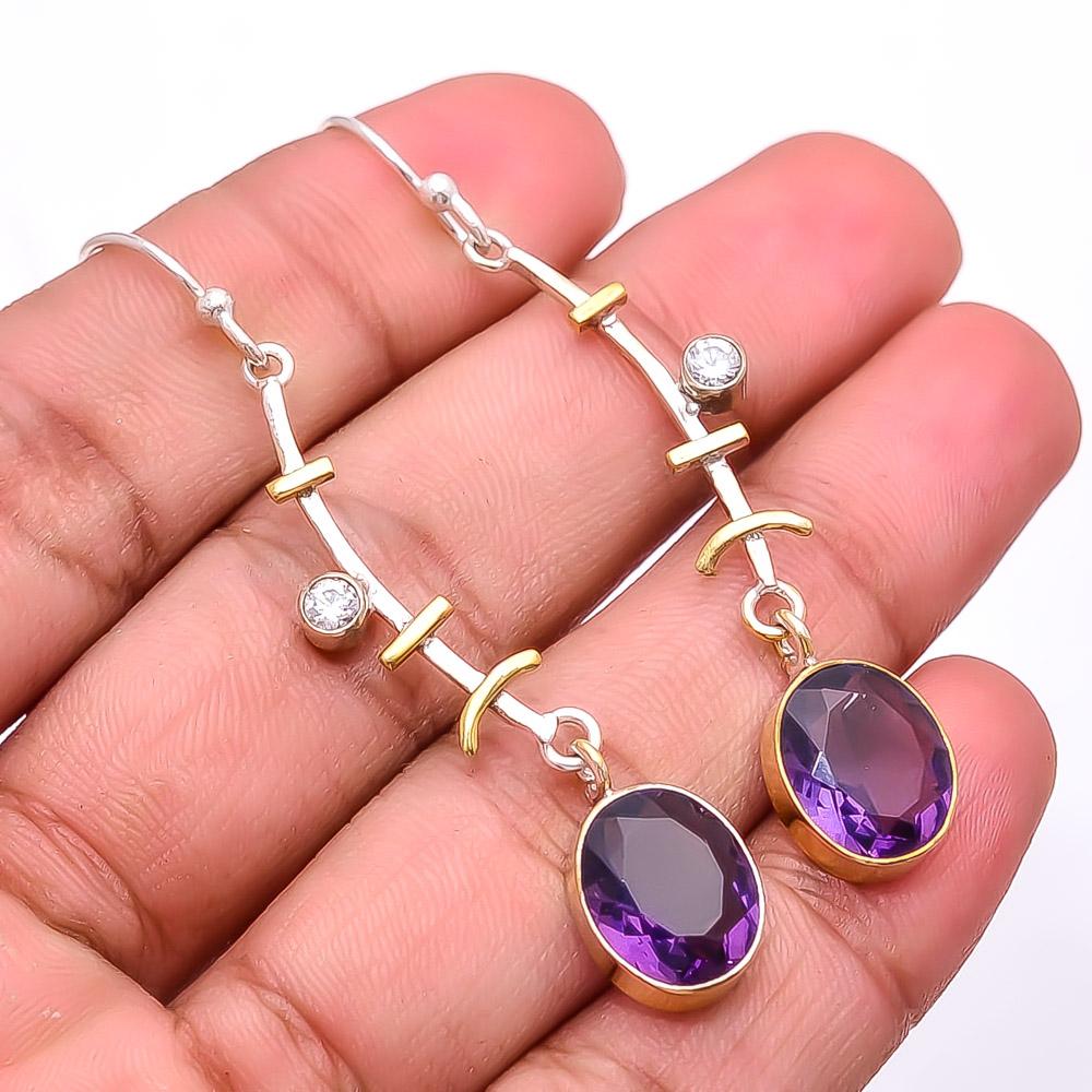 

Purple Amethyst & White Topaz 925 Sterling Silver Two Tone Earring 2.34 E45