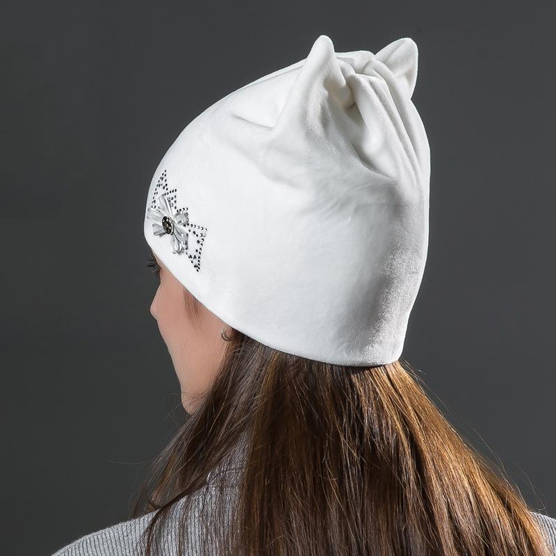 Inverno feminino veludo dourado pulôver orelha de gato quente bonito flor diamante dupla camada chapéu de malha