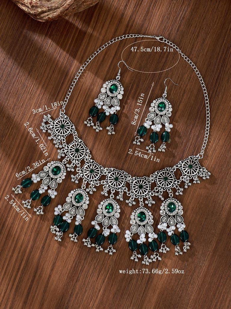 Retro Exotic Style Necklace and Earrings Jewelry Set with Multiple Oval Bead Strands
