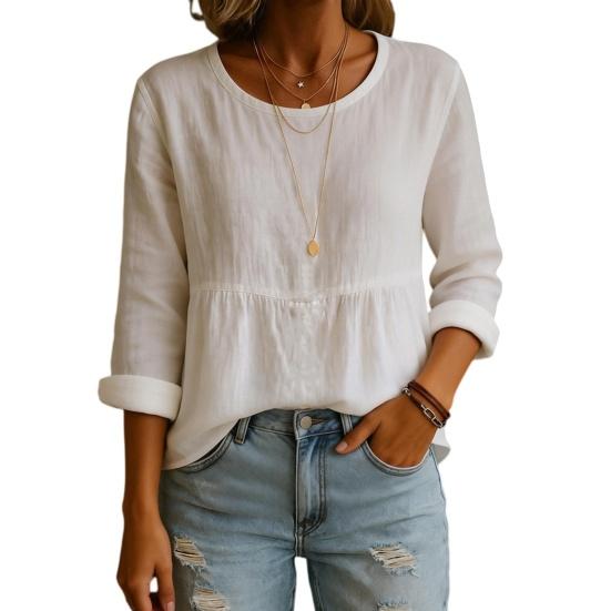 Women Tops Long Sleeve Round Neck Loose Fit Pullover Tops with Pleated Hem Pure Color Spring Summer Casual Shirt