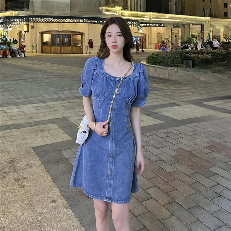 

DIMANAF 2023 женское летнее платье больших размеров для полных мм винтажное джинсовое платье с квадратным вырезом и рукавами-пузырьками женское летнее свободное корейская версия юбка с тонкой талией