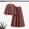 ZANZEA Women Summer Round Neck Long Sleeve Tie Blouse A-Line Skirt Sets