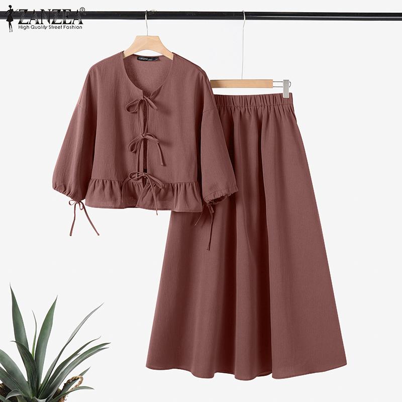 ZANZEA Women Summer Round Neck Long Sleeve Tie Blouse A-Line Skirt Sets