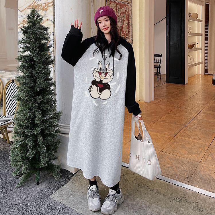 Autumn and winter thickened color matching hooded dress women's casual versatile loose and thin super long knee dress long dress