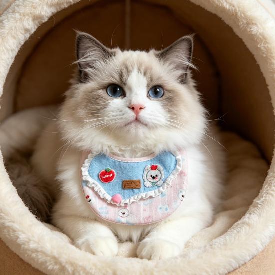 Cute Ruffled Pet Bib Pink And Blue Sweet Cat Bandana Bib Bear Embroidery Adjustable Pet Bib for Cats Small Dogs