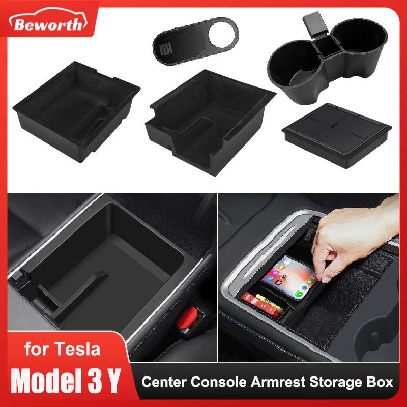 Center Console Storage Box For Tesla Model 3 2023 Model Y 2020-2024 Hidden Car Armrest Front Rear Organizer Flocking Layer Slide