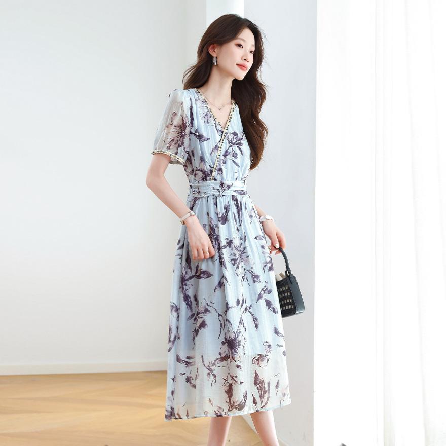 Floral fashion waist A-shaped skirt women's summer wear new age-reducing design dress trend
