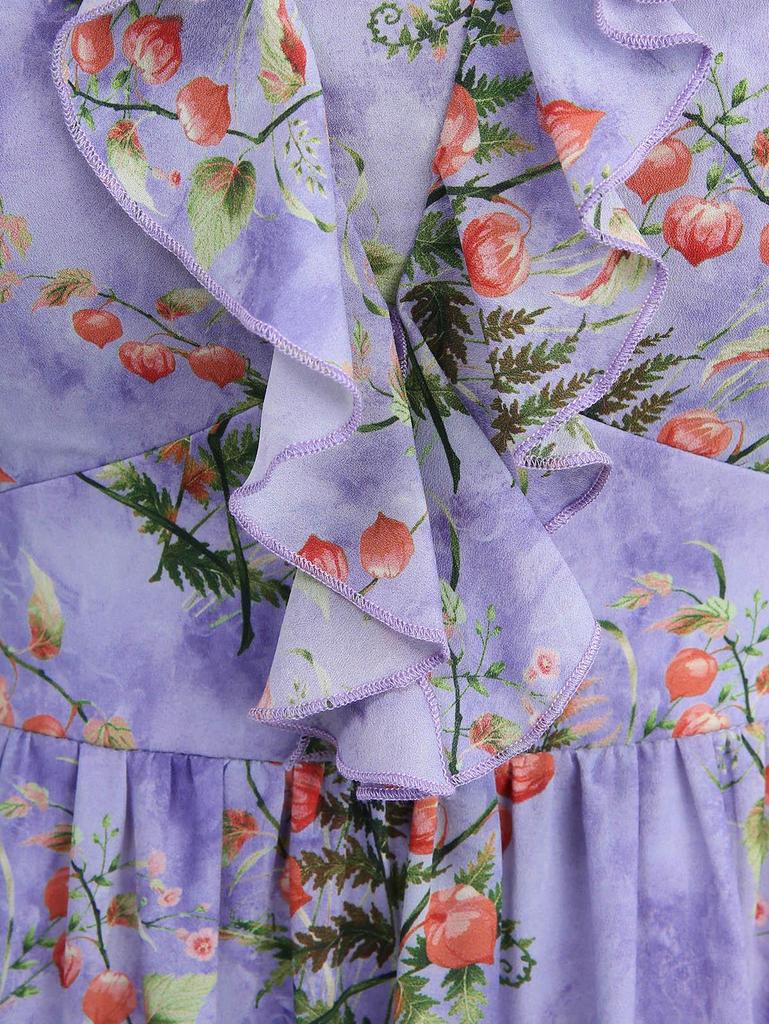 Rosegal Plus Size Rose Flower Leaf Print Ruffles Cold Shoulder Dress