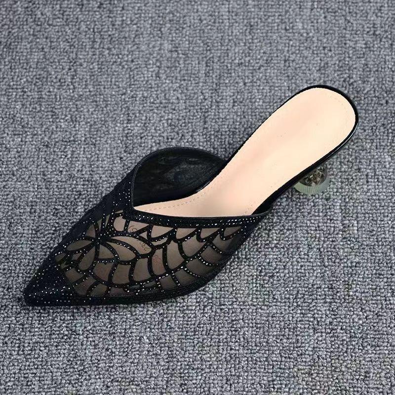 Pointed Baotou Rhinestone Half Slippers Women Mesh Yarn Middle Heeled Shoes Women Fine Heeled Outer Wear Lace Sandalias De Mujer