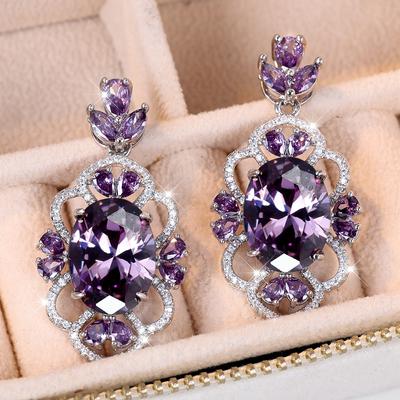 Utsökt ovalt skuren lila Cubic Zirconia Crystal Drop örhängen för kvinnor Mode Silver Färg Blomma Dingla Bröllopssmycken