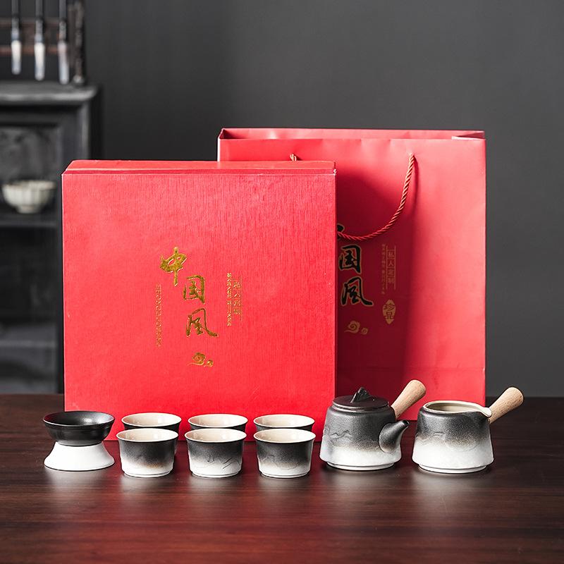 Coarse pottery/retro Shanhai side pot tea set gradual change Kung Fu tea set business enterprise black and white gradual change tea set/