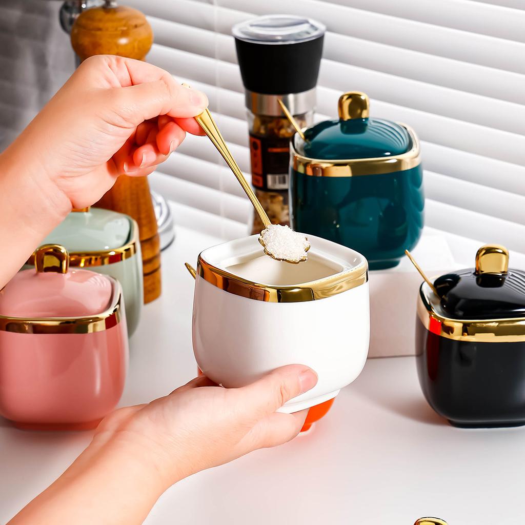 Ceramic Seasoning Box Household Kitchen Salt Seasoning Bottle Jar Storage Box Combination Set Light Luxury Monosodium Glutamate Seasoning Jar