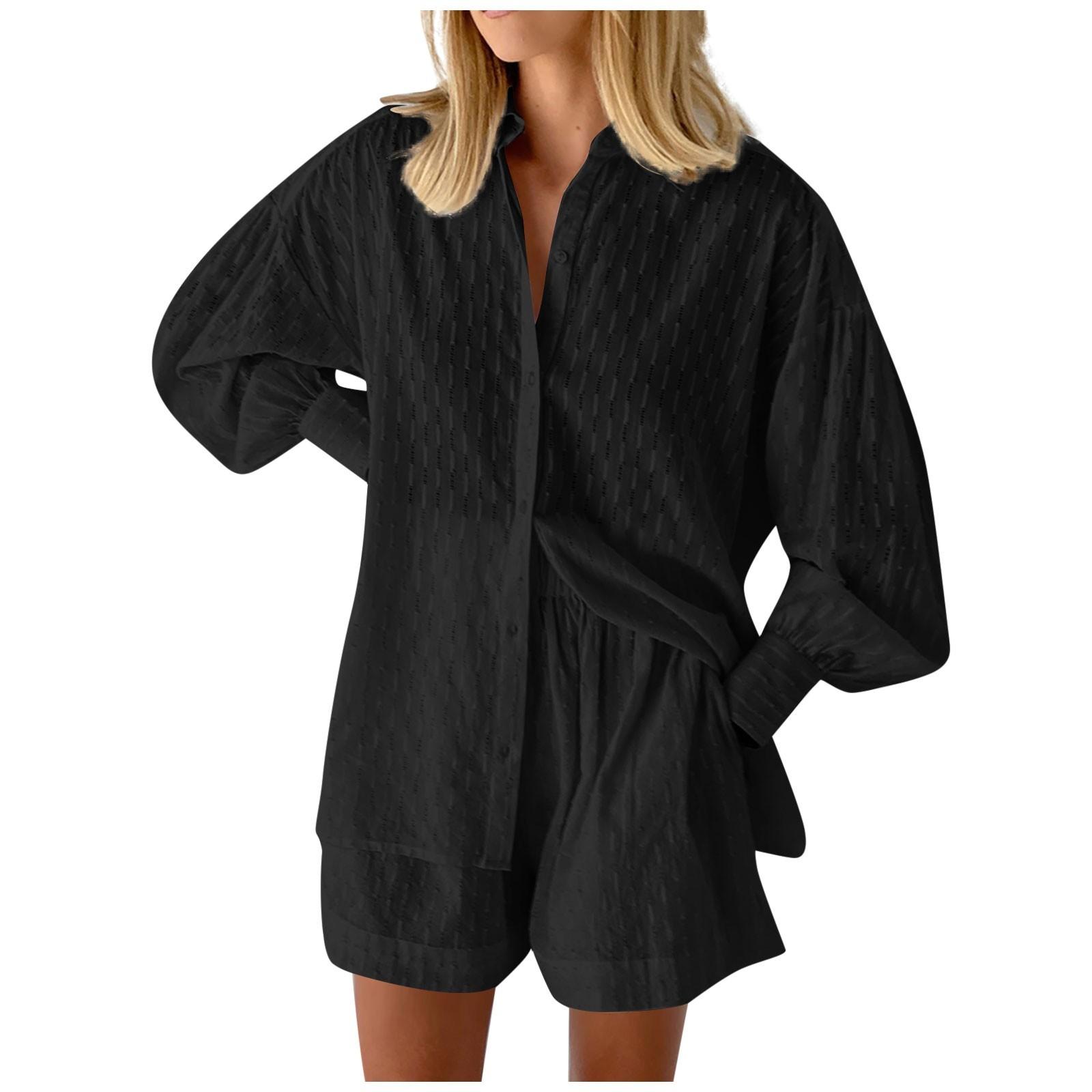 

Повседневные модные однотонные женские рубашки с пышными рукавами, элегантные топы, шорты, повседневный костюм L чёрный