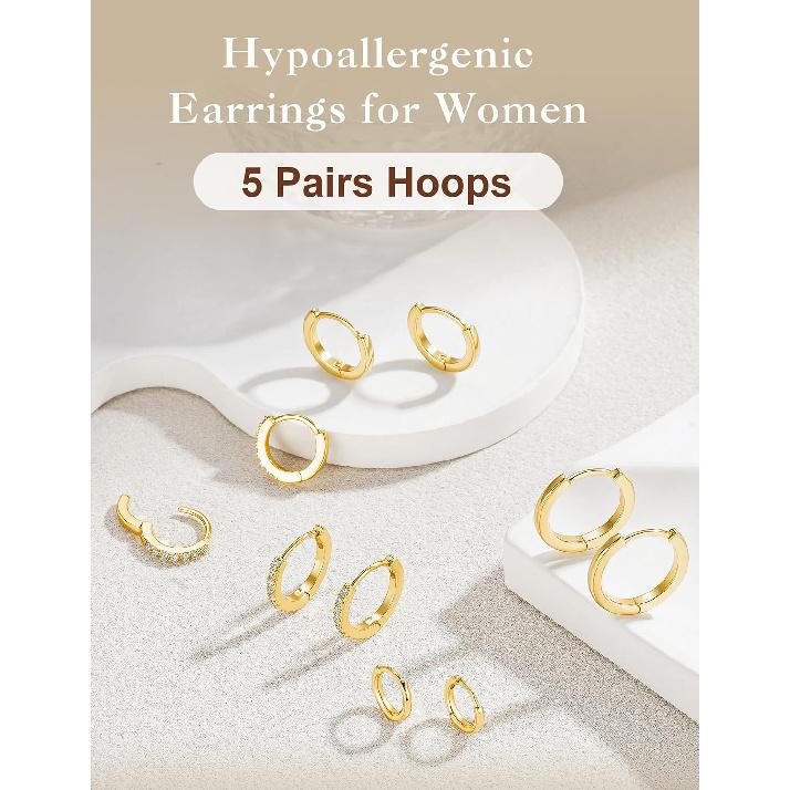 5 Paar Gold Huggie Creolen für Damen | Zarte Kleine Creolen zum Stapeln, Knorpel, Mehrfachpiercing, 14 Karat Vergoldet, Hypoallergen