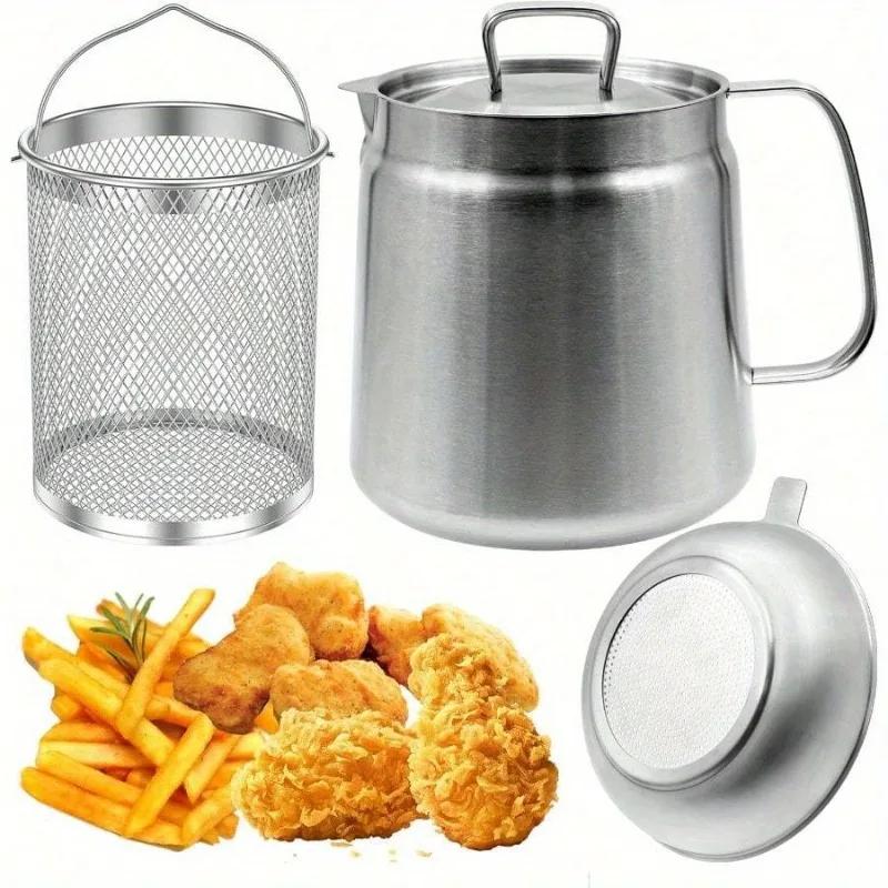 304 Stainless Steel Oil Filter Pot with Strainer Deep Fryer Basket for Kitchen Multi-function Frying Net Tank Grease Container