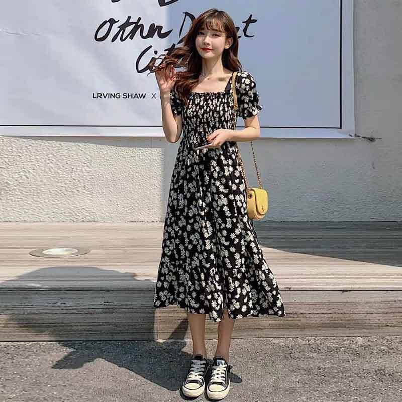Spring Summer Chiffon Women Dresses Female Short Sleeve Elastic Waist Printed Floral Midi Dress Pleated Backless Casual Dress