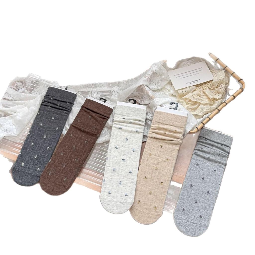 Elegant Ruffle Small Floral Mid-Calf Socks - Women's Versatile Autumn/Winter French Style