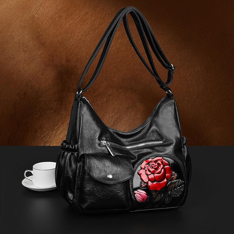 Tasche Damen Geprägte Rose Ein Schulter Umhängetasche Mittelalterliche Damen Tasche Mama Tasche Große Kapazität Damen Weiche Ledertasche