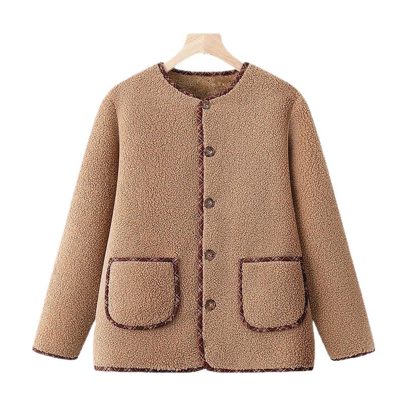 Autumn & Winter Women's Lambswool Leather-Fur Coat with Fleece, Short Style for Mid-to-Older Age