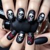 24pcs Halloween Nails Black Matte Rose Skull Print Design Full Coverage Press False Nails, for Women's Party Nail Art Decoration