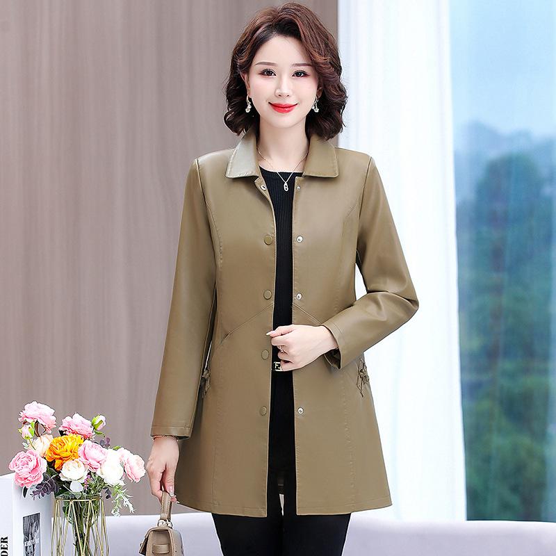Trench-coat mi-long en cuir PU style coréen pour maman: Minceur, Haut de Gamme, Mode Décontractée pour le Printemps et l'Automne.