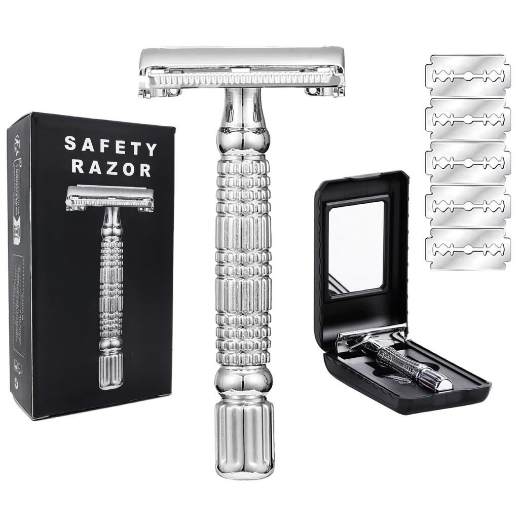 Double Edge Safety Razor Old-fashioned Metal Shaver Beard Barber Wet Shaving Twist Open for Men Women With 5 Blades and Mirror