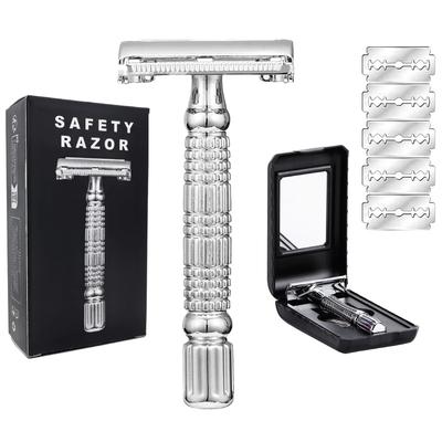 Double Edge Safety Razor Old-fashioned Metal Shaver Beard Barber Wet Shaving Twist Open for Men Women With 5 Blades and Mirror