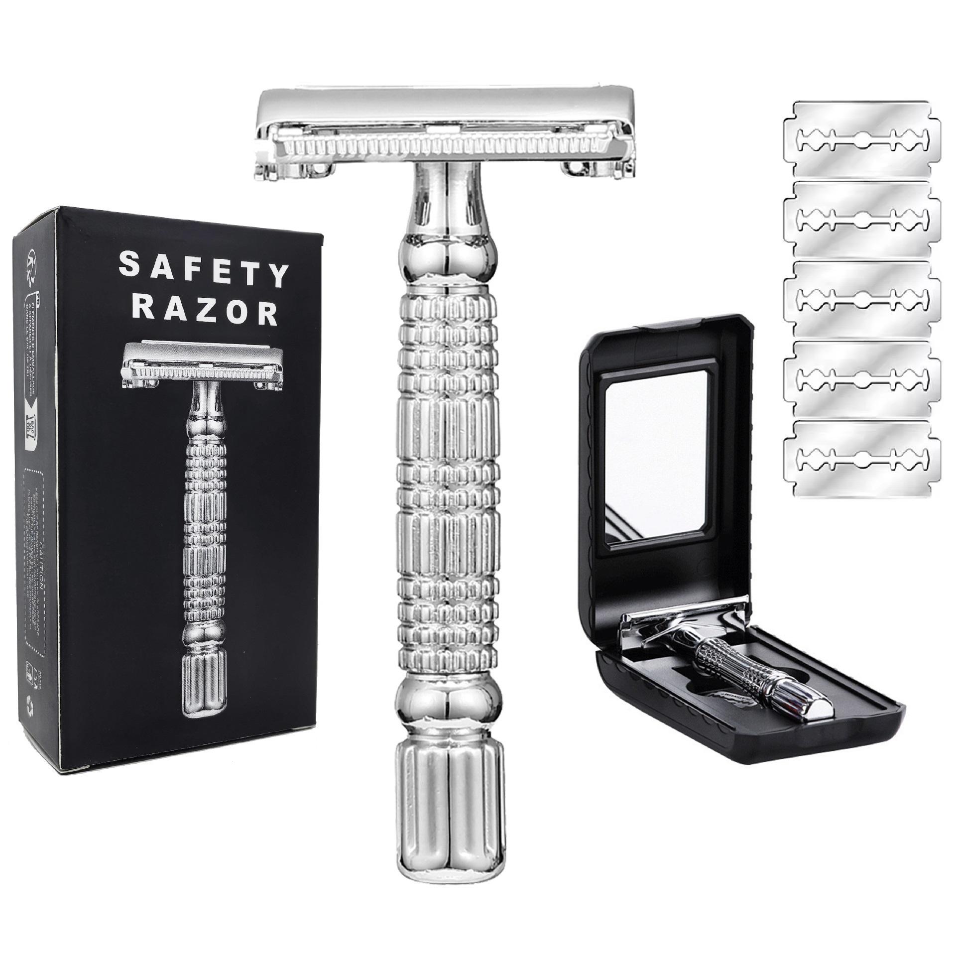 

Double Edge Safety Razor Old-fashioned Metal Shaver Beard Barber Wet Shaving Twist Open for Men Women With 5 Blades and Mirror