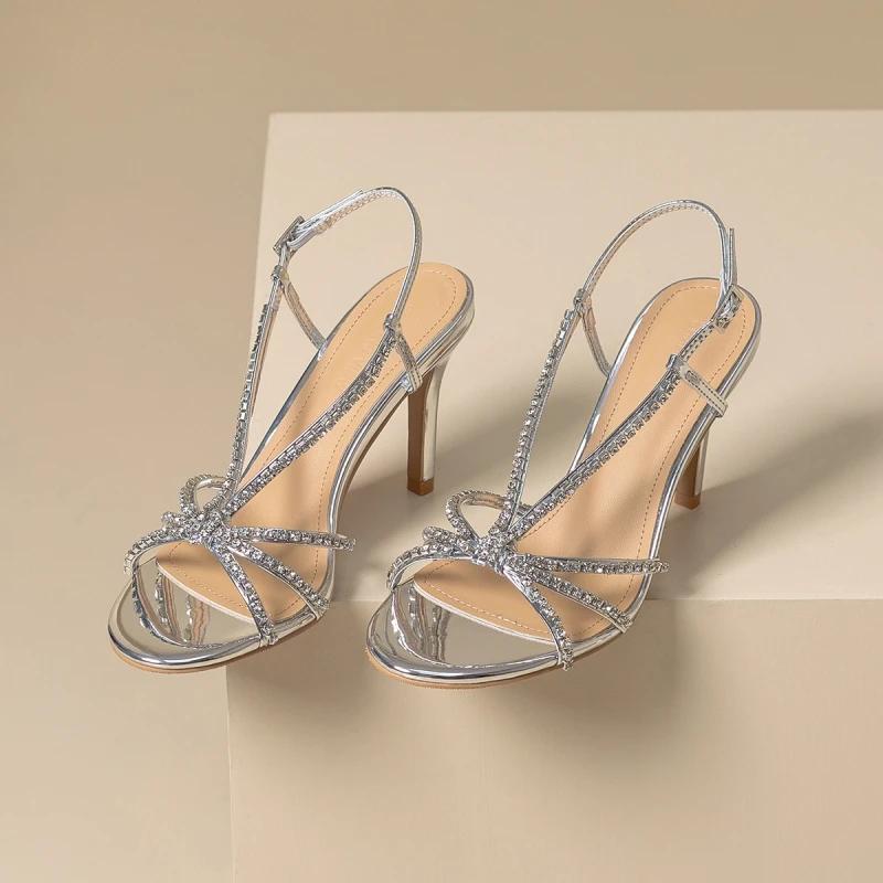 Mode Sandale Frau Neue High-Heel-Schuhe Offene Zehen Bankett Strass Silber Schöne High Heels Römische Sandalen Damenschuhe