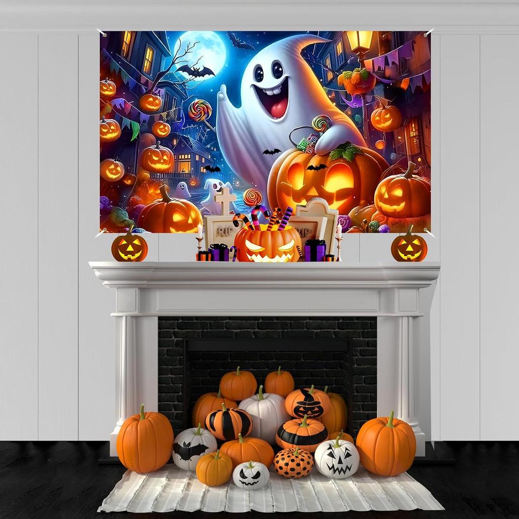 72x43In Halloween Ghost Pumpkin Photo Backdrop Spooky Party Wall Banner Decor