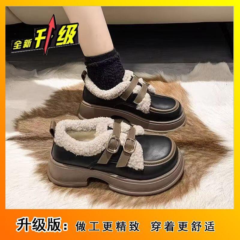 Winter French fluffy shoes fleece loafers cotton shoes small leather shoes British platform fluffy women s shoes 35