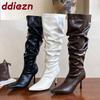 Mode Mode Plissee Party Modern Damen Kniehohe Stiefel Absätze Schuhe Spitze Zehenpartie Damen Lange Stiefel Weibliche Slipper Pumps