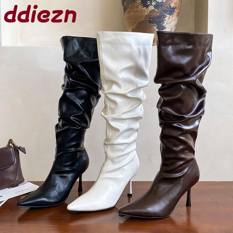 Mode Mode Plissee Party Modern Damen Kniehohe Stiefel Absätze Schuhe Spitze Zehenpartie Damen Lange Stiefel Weibliche Slipper Pumps