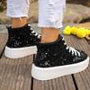 Luxury Sequined Thick Bottom Skate Shoes Women 2025 Autumn Round Toe Lace Up Casual Shoes Comfort Soft Sole Non Slip Sneakers