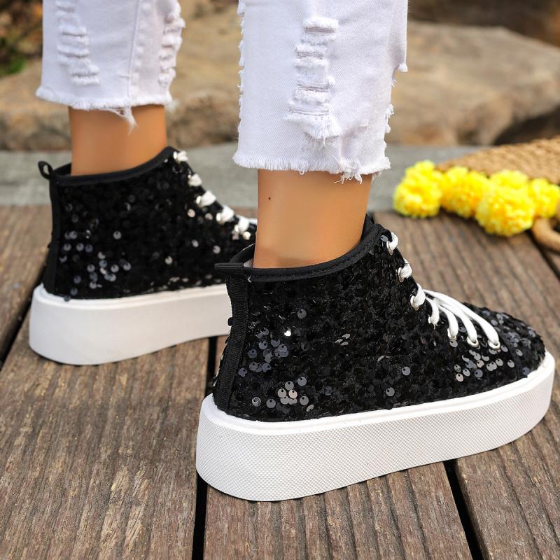 Luxury Sequined Thick Bottom Skate Shoes Women 2025 Autumn Round Toe Lace Up Casual Shoes Comfort Soft Sole Non Slip Sneakers