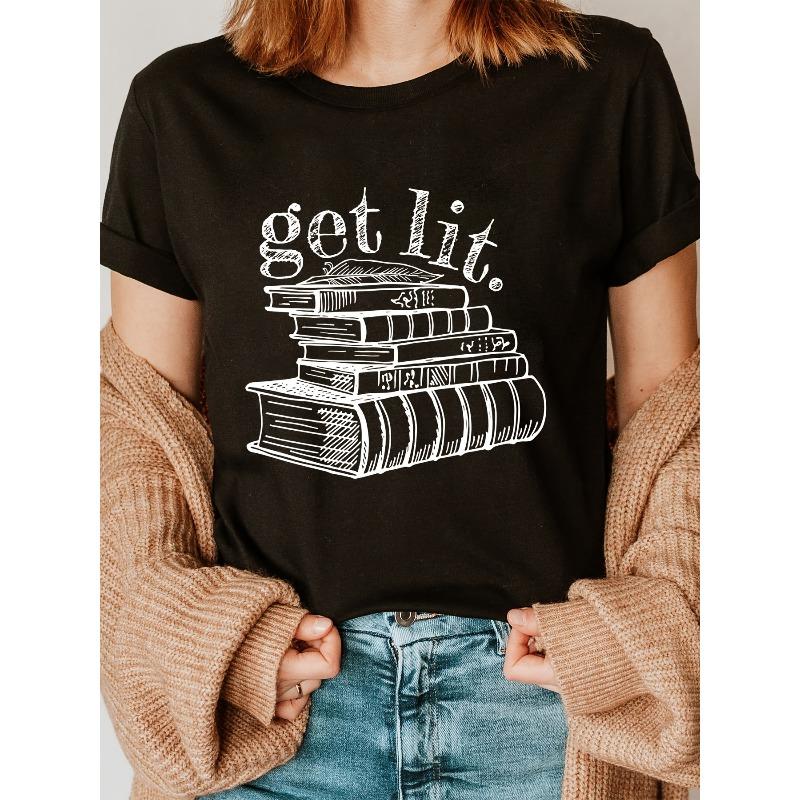 Books Print Crew Neck T-Shirt, Casual Short Sleeve T-Shirt for Spring & Summer, Women's Clothing