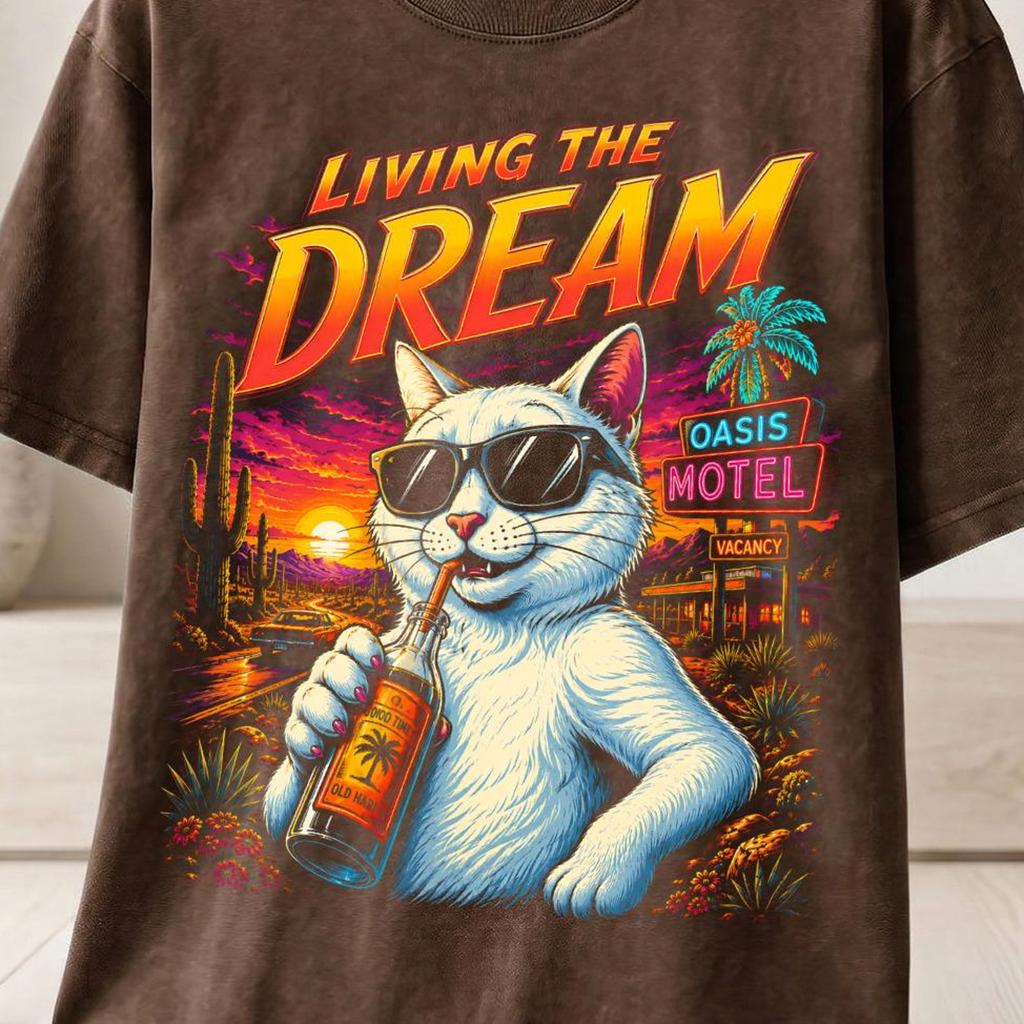 Living The Dream Cat T-Shirt and kids tshirt, Retro Sunset Aesthetic Graphic Tee, Funny Vaporwave Desert Oasis Motel Cool Cat Lover Gift
