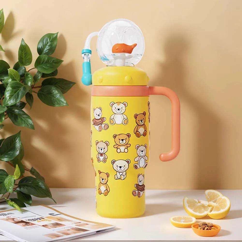 710ML Stainless Steel Whale Fountain Tumbler with Handle with Straw Drinking Cup Leak Proof Vacuum Cup for Baby Teens and Adults