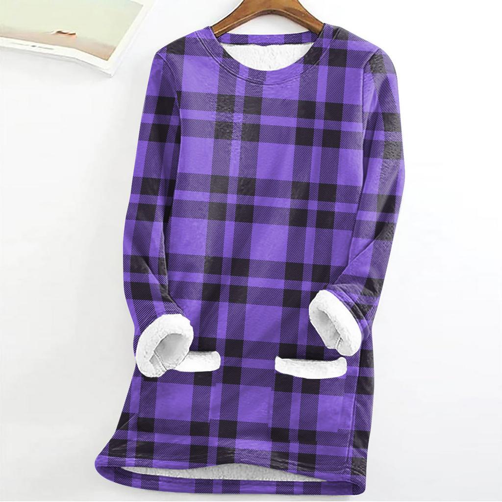 Women's Fashion Plaid Print Round Neck Long Sleeve Plush Winter Warm Pullover Top