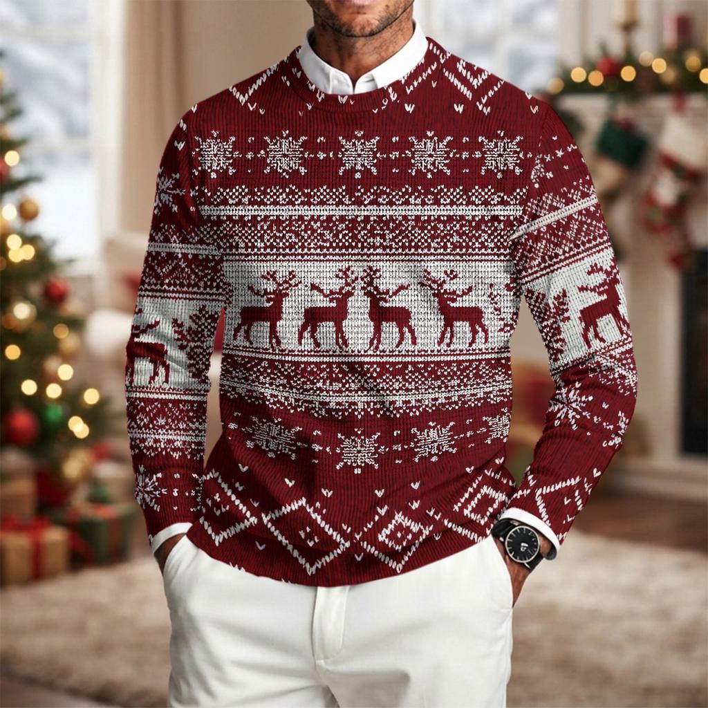 Men's Long Sleeve Crewneck Ribbed Knit Pullover Sweater with Christmas Holiday Print Casual Winter Top
