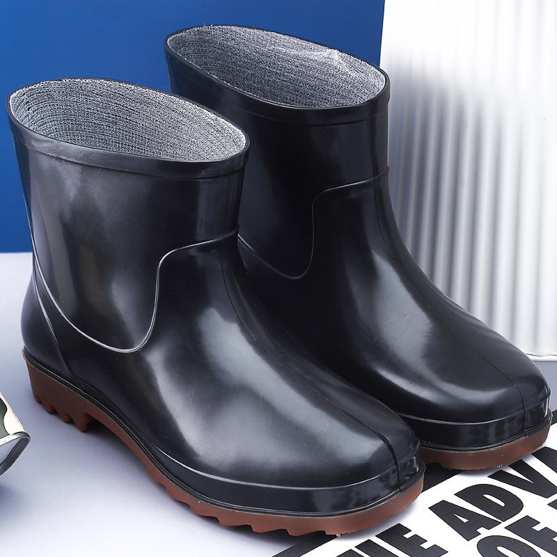 Men's Non-Slip Low Heel Round Toe Rain Boots with PVC Sole & Cotton Lining