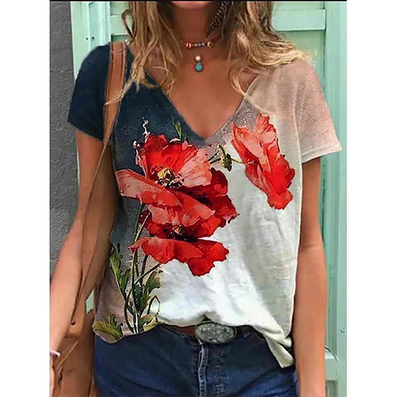 New Flower Floral 3D Print T-shirt Women V-Neck Short Sleeve Tees Y2k Tops Streetwear Harajuku Oversized T Shirts Woman Clothing