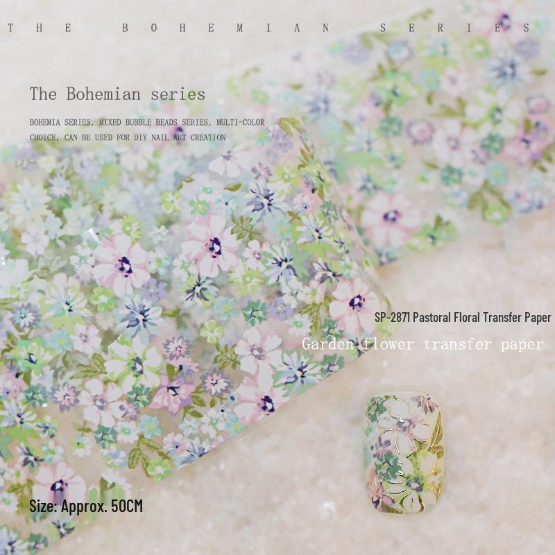 

Трансферные листы для нейл-арта «Звездное небо и весенние цветы» - Градиентная фольга и наклейки с мелкими цветами